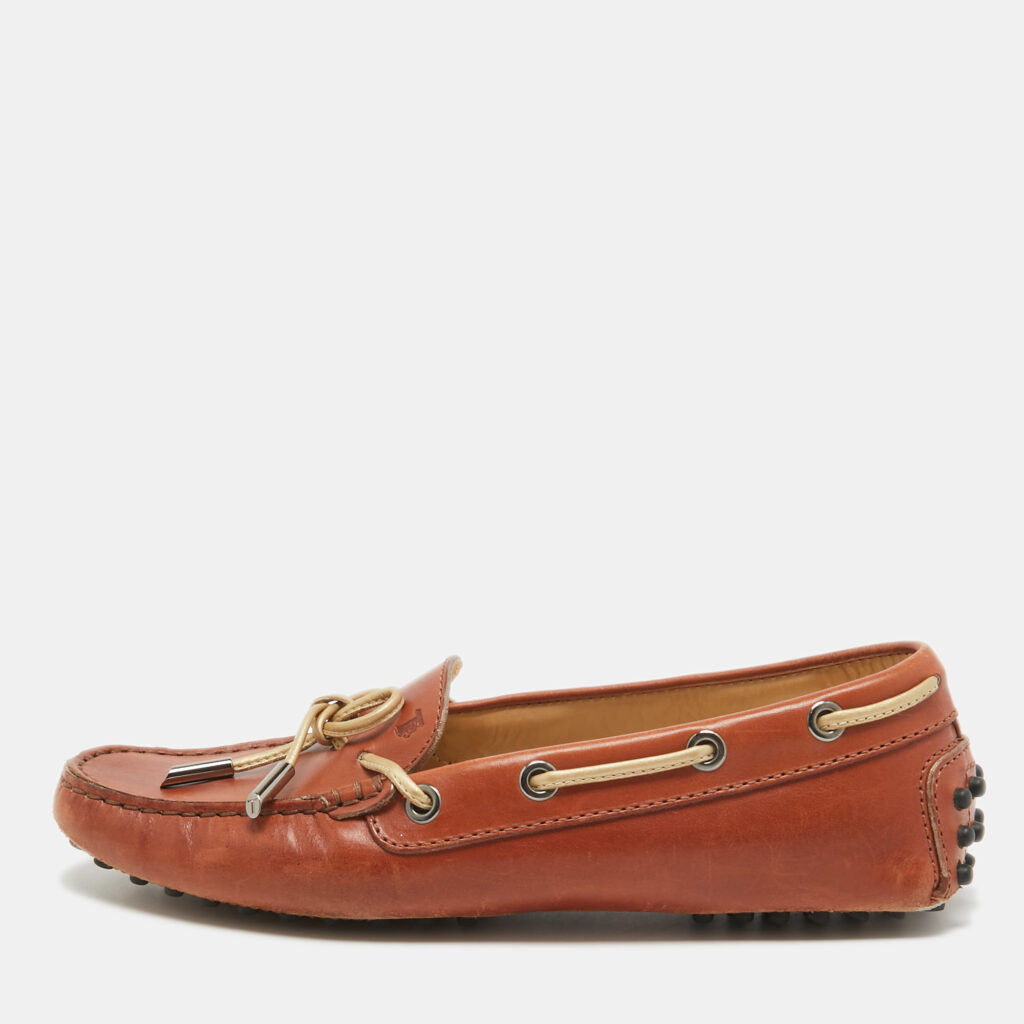 luxury-women-tods-used-shoes-p1020816-001.jpg Tod's Brown Leather Gommino Bow Slip On Loafers Size 36