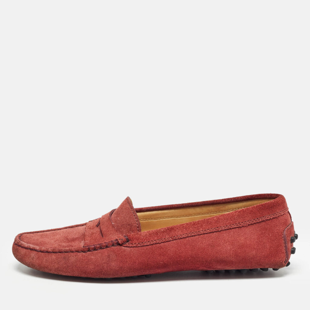 luxury-women-tods-used-shoes-p1020899-003.jpg Tod's Red Suede Gommino Penny Slip On Loafers Size 36.5