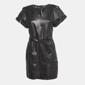tom ford black leather v-neck belted mini dress m