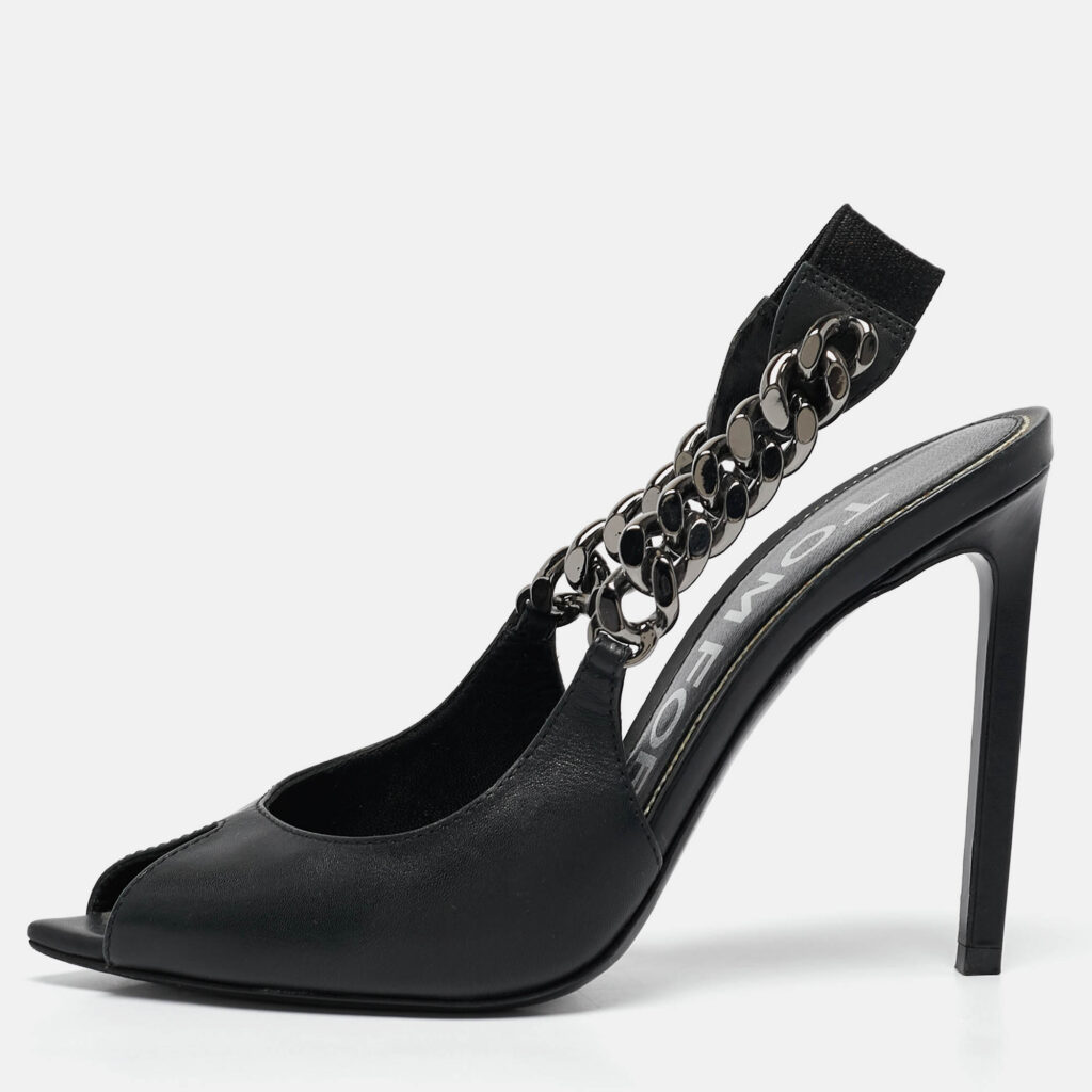 luxury-women-tom-ford-used-shoes-p1088848-010.jpg Tom Ford Black Leather Chain Linked Slingback Peep Toe Pumps Size 36.5