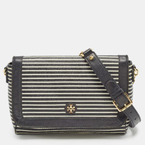 tory burch black/white stripe leather kerrington crossbody bag