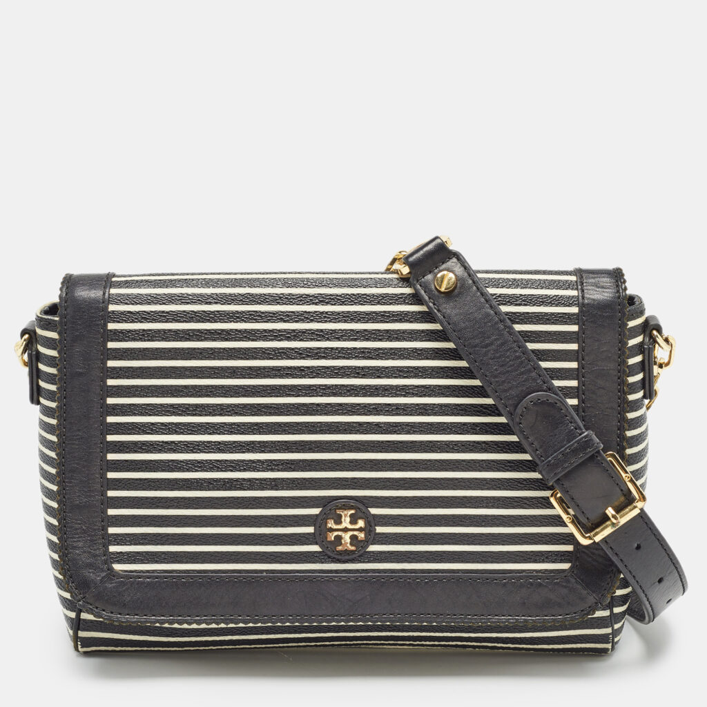 luxury-women-tory-burch-used-handbags-p1002010-015.jpg Tory Burch Black/White Stripe Leather Kerrington Crossbody Bag