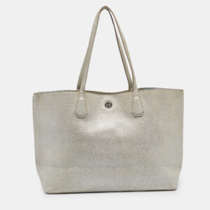 tory burch metallic grey leather perry tote