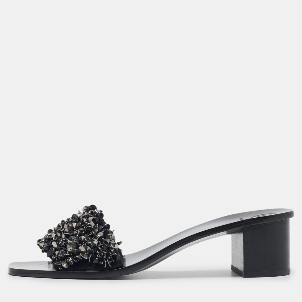 luxury-women-tory-burch-used-shoes-p1008395-001.jpg Tory Burch Black Satin Logan Embellished Slide Sandals Size 40.5