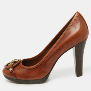 tory burch brown leather logo detail round toe pumps size 40.5