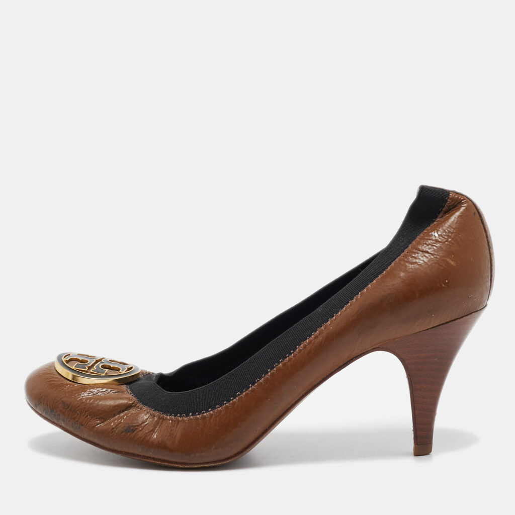 luxury-women-tory-burch-used-shoes-p1014911-001.jpg Tory Burch Brown Patent Leather Caroline Scrunch Pumps Size 39