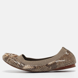 tory burch green/grey embossed snakeskin leather caroline ballet flats size 36