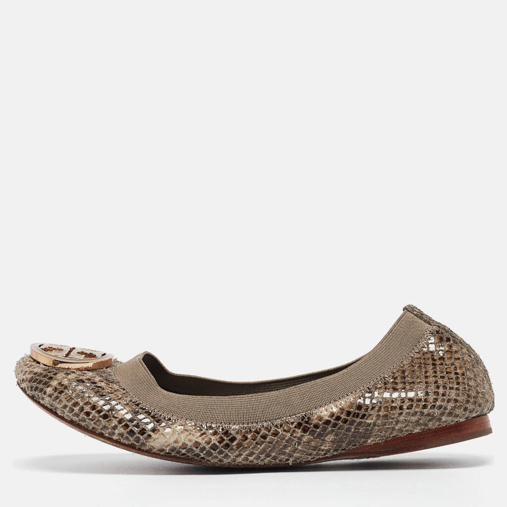 luxury-women-tory-burch-used-shoes-p1015980-010.jpg Tory Burch Green/Grey Embossed Snakeskin Leather Caroline Ballet Flats Size 36