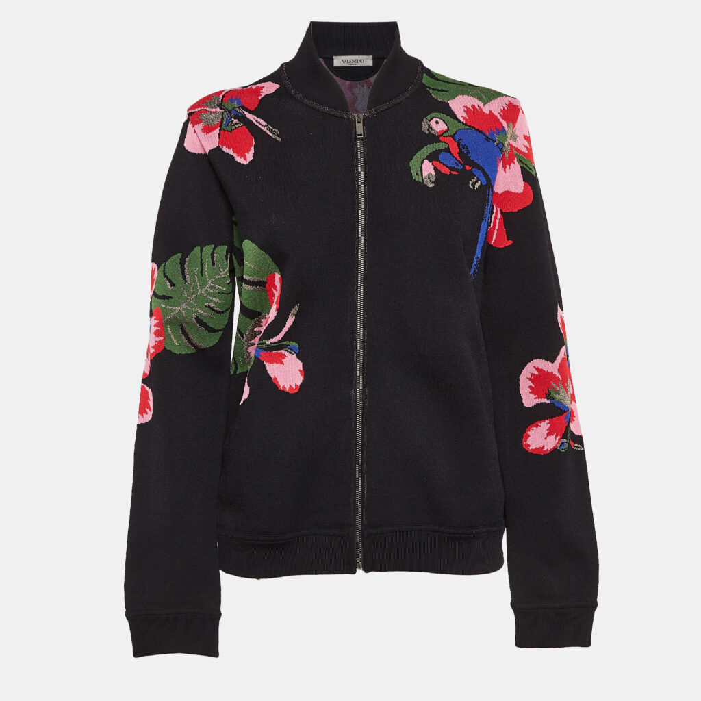 luxury-women-valentino-used-clothes-p1012585-001.jpg Valentino Black Tropical Intarsia Knitted Bomber Jacket L
