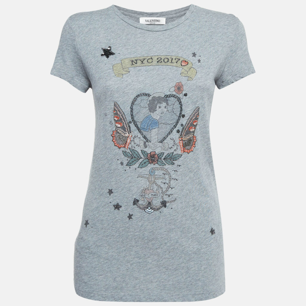 luxury-women-valentino-used-clothes-p1020732-001.jpg Valentino Grey Embellished/Printed Jersey T-shirt XS