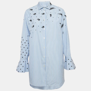 valentino blue stripe poplin embellished bell sleeve tunic shirt m
