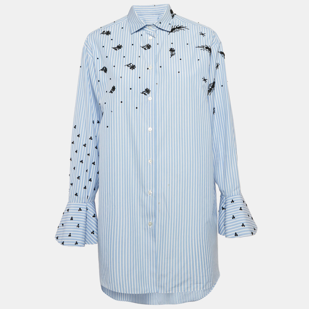 luxury-women-valentino-used-clothes-p1079152-002.jpg Valentino Blue Stripe Poplin Embellished Bell Sleeve Tunic Shirt M