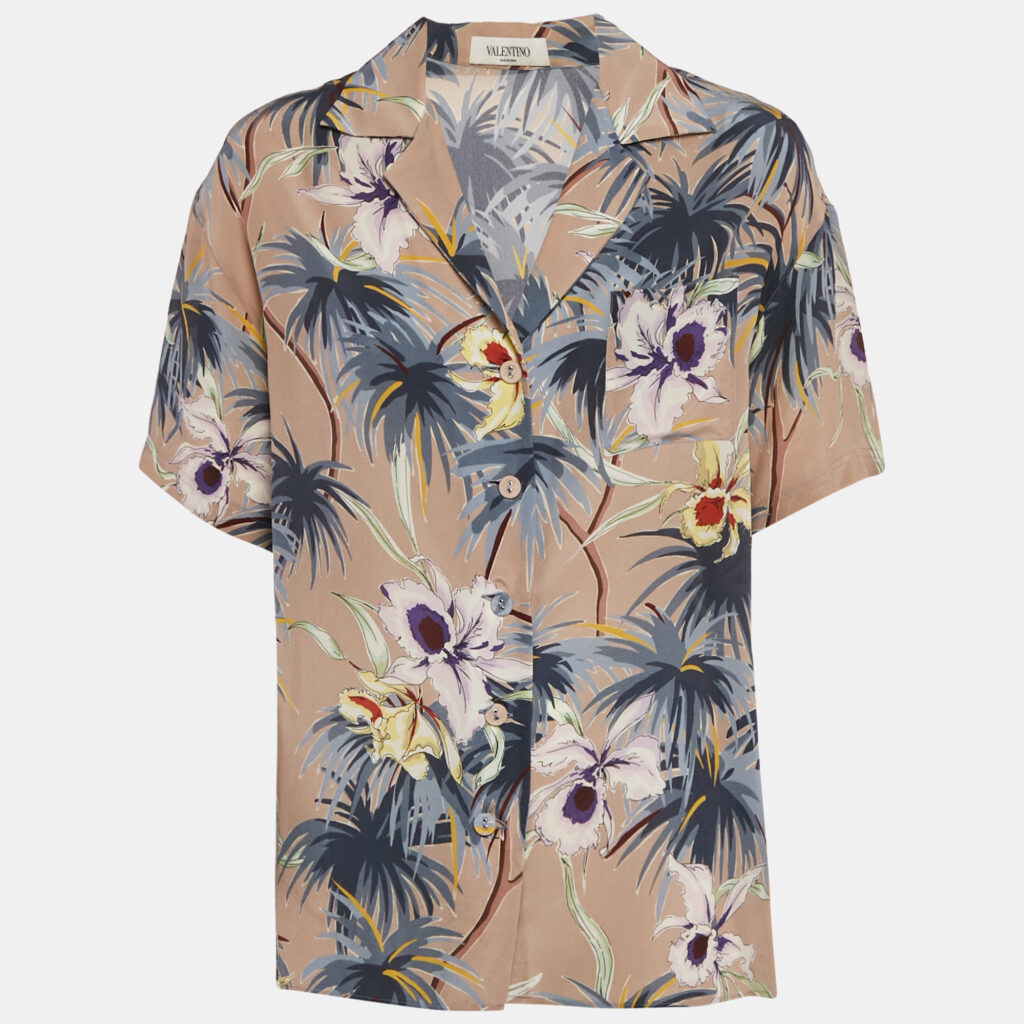 luxury-women-valentino-used-clothes-p1087704-006.jpg Valentino Brown/Grey Hawaiian Print Silk Crepe Short Sleeve Shirt M