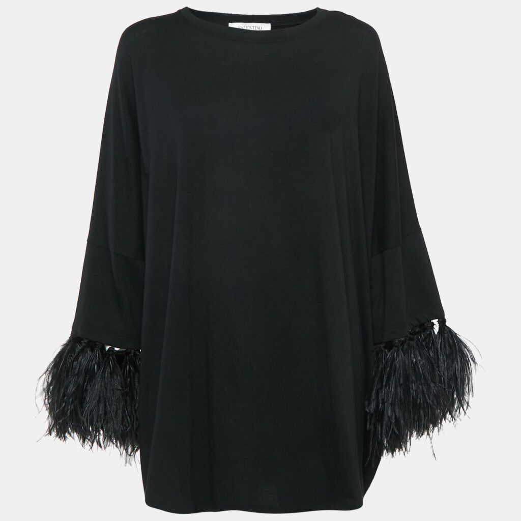 luxury-women-valentino-used-clothes-p1089224-006.jpg Valentino Black Cotton Feather Trimmed Tunic Top XS