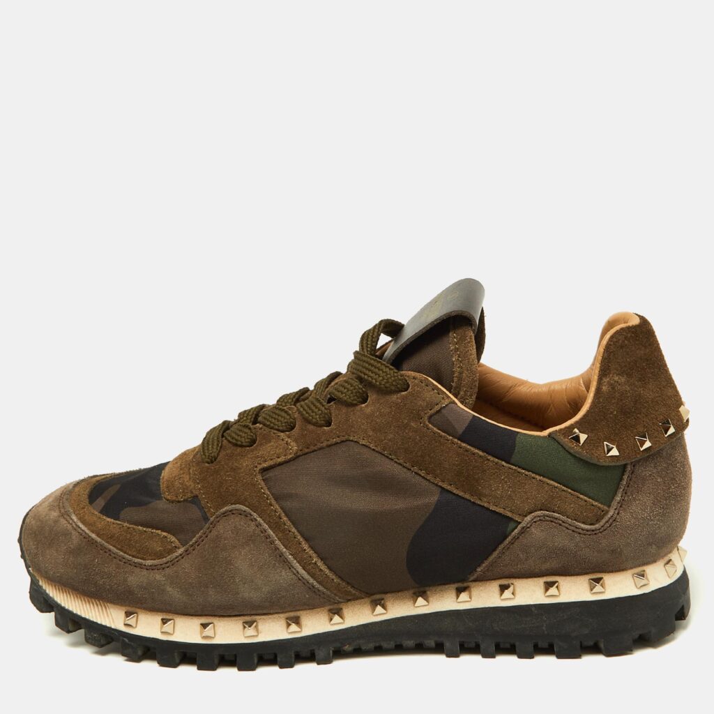luxury-women-valentino-used-shoes-p1011744-001.jpg Valentino Green/Brown Suede and Camouflage Canvas Rockrunner Low Top Sneakers Size 35