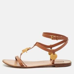 valentino brown leather star and tree embellished flat sandals size 39