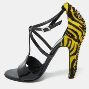 versace black patent leather and animal print calf hair sandals size 38.5