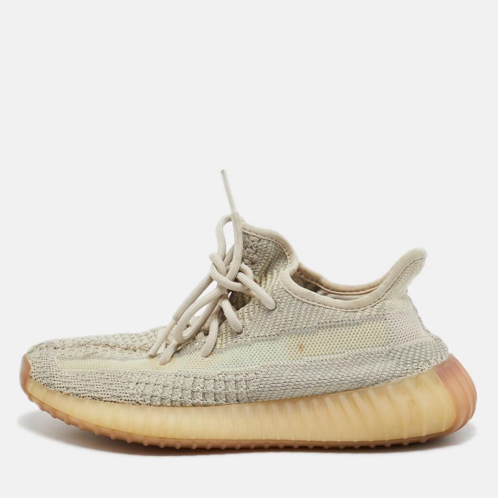 luxury-women-yeezy-x-adidas-used-shoes-p1014642-001.jpg Yeezy x adidas Beige/Grey Knit Fabric Boost 350 V2 Citrin Sneakers Size 371/3