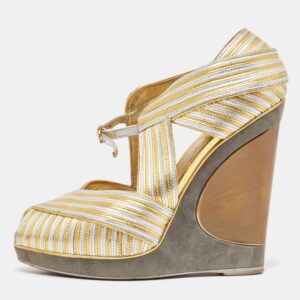yves saint laurent gold/silver leather and suede peep toe wedge pumps 37.5