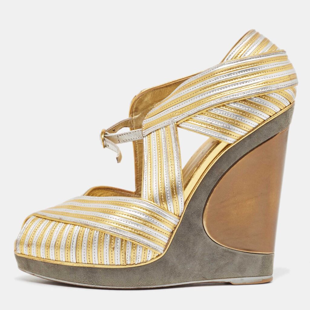 luxury-women-yves-saint-laurent-used-shoes-p1001396-003.jpg Yves Saint Laurent Gold/Silver Leather and Suede Peep Toe Wedge Pumps 37.5
