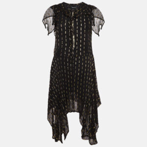 zadig & voltaire black/gold crepe rool shiny ruffled dress m