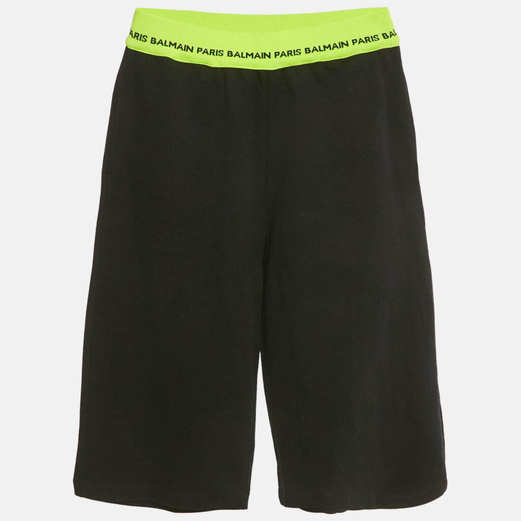 Balmain Kids Black/Neon Green Logo Waistband Cotton Shorts 16Yrs