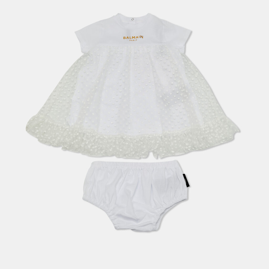 Balmain Kids White Polka Dots Gillter Cotton and Tulle Set 9M