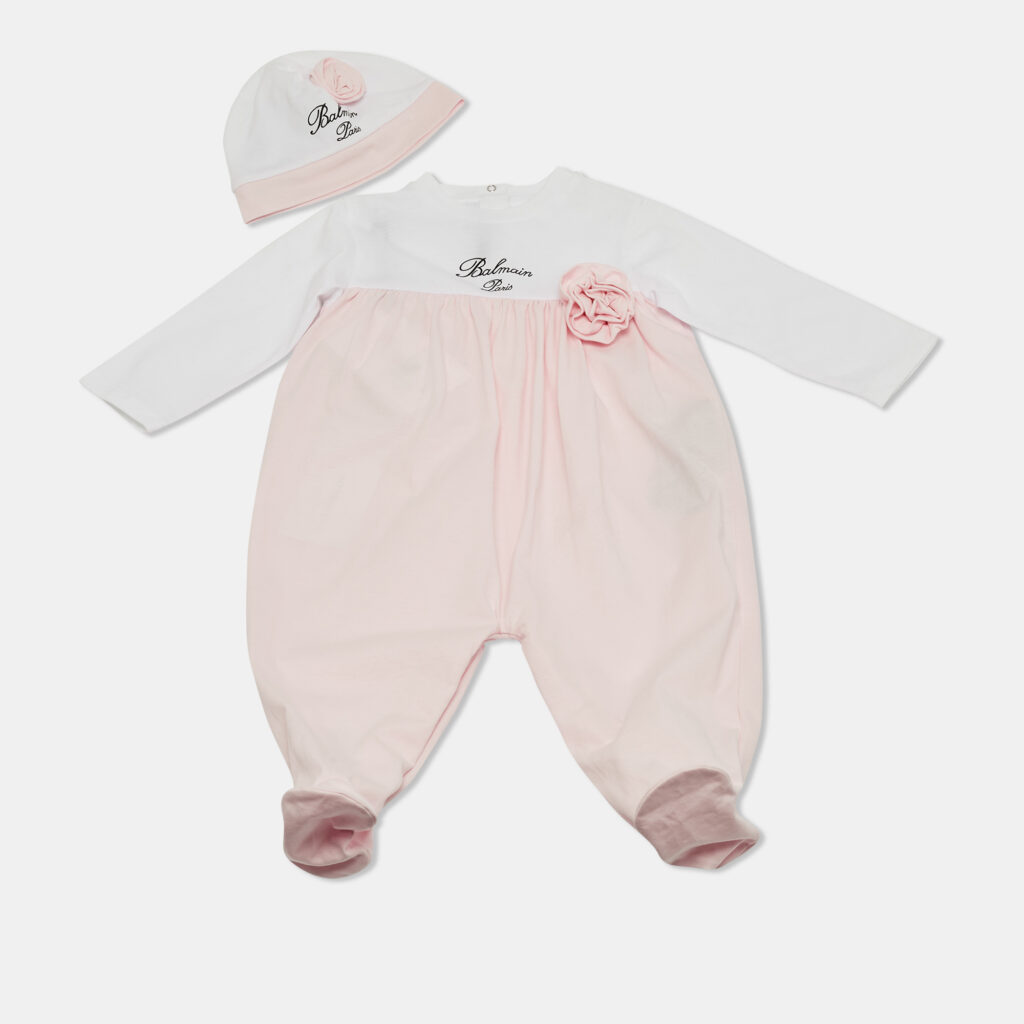 Balmain Baby Pink Cotton Growsuit Set 9M