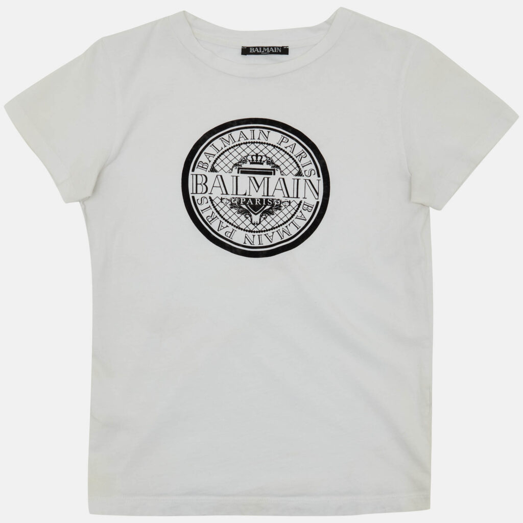 Balmain Kids White/Black Logo Applique Cotton T-Shirt 10 Yrs Balmain Kids White/Black Logo Applique Cotton T-Shirt 10 Yrs