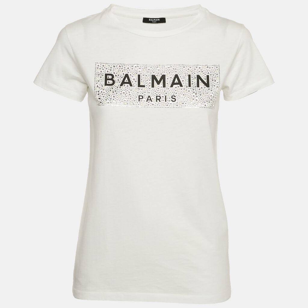 Balmain Kids White Logo Embellished Cotton Crew Neck T-Shirt 12 Yrs Balmain Kids White Logo Embellished Cotton Crew Neck T-Shirt 12 Yrs