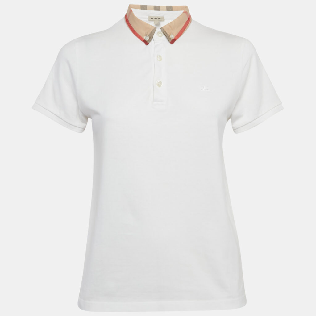 Burberry Children White Check Print Collar Cotton T-Shirt 14Yrs