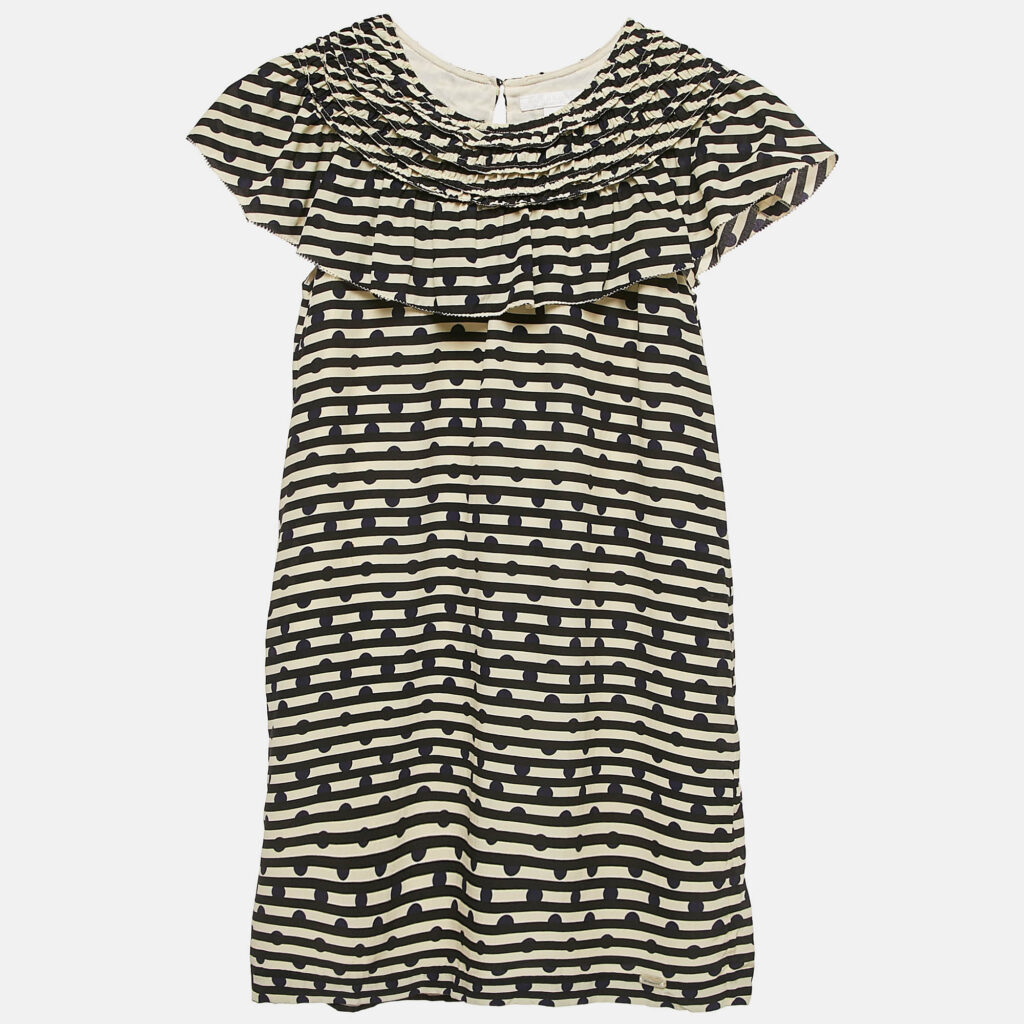Burberry Kids Cream/Black Striped Silk Ruffed Dress 12 Yrs Burberry Kids Cream/Black Striped Silk Ruffed Dress 12 Yrs