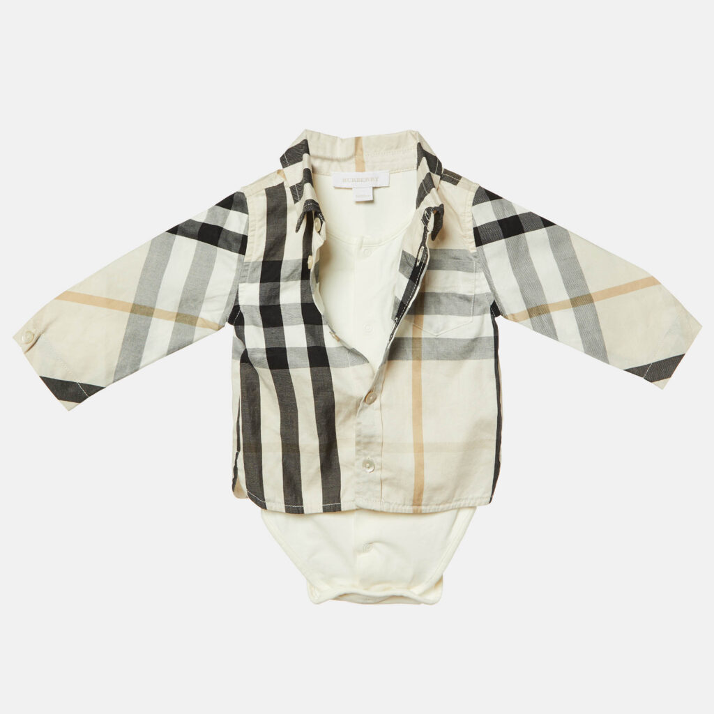 Burberry Kids Cream Nova Check Cotton Unisex Shirt Bodysuit 3M Burberry Kids Cream Nova Check Cotton Unisex Shirt Bodysuit 3M
