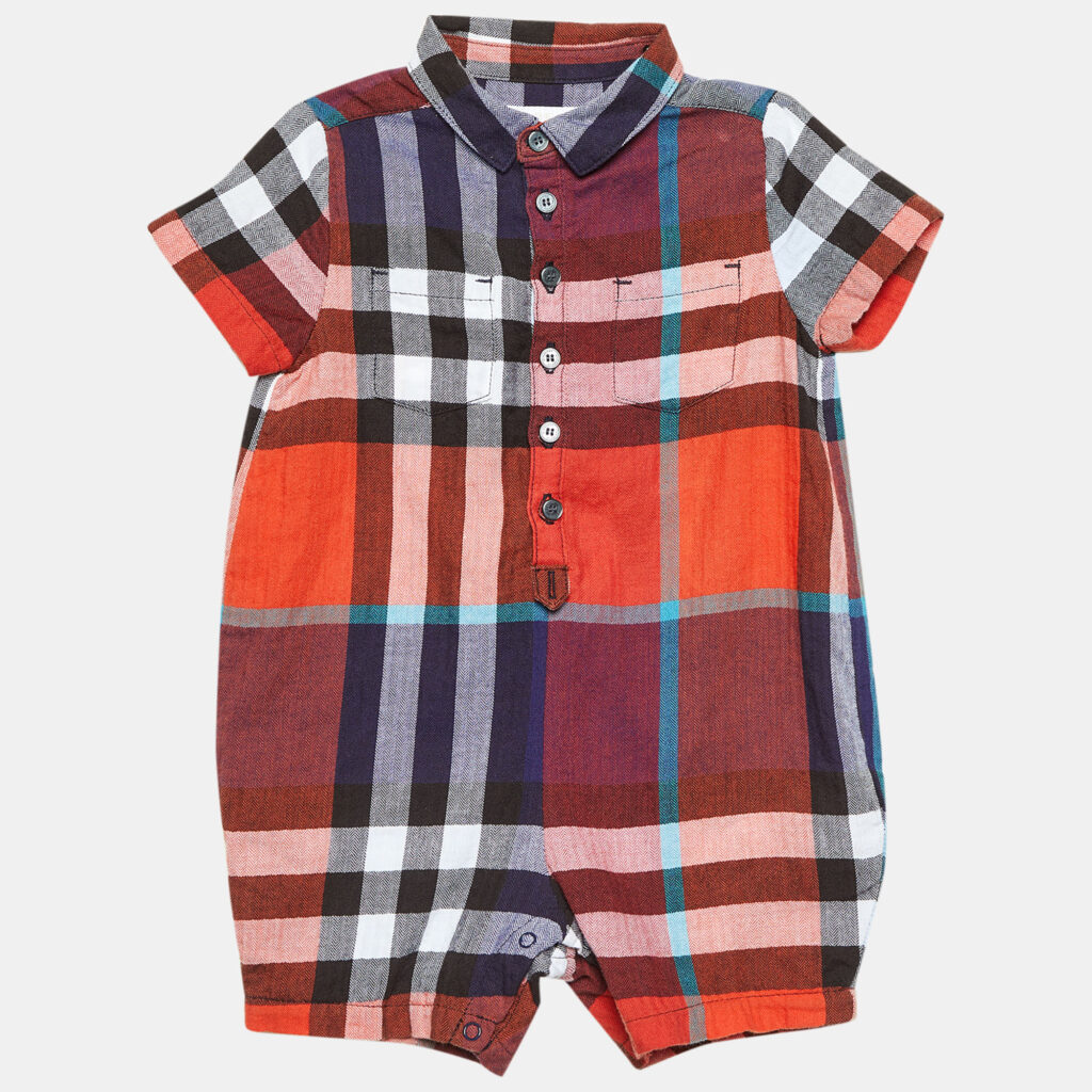Burberry Children Multicolor Tartan Check Herringbone Cotton Onesie 9 M Burberry Children Multicolor Tartan Check Herringbone Cotton Onesie 9 M