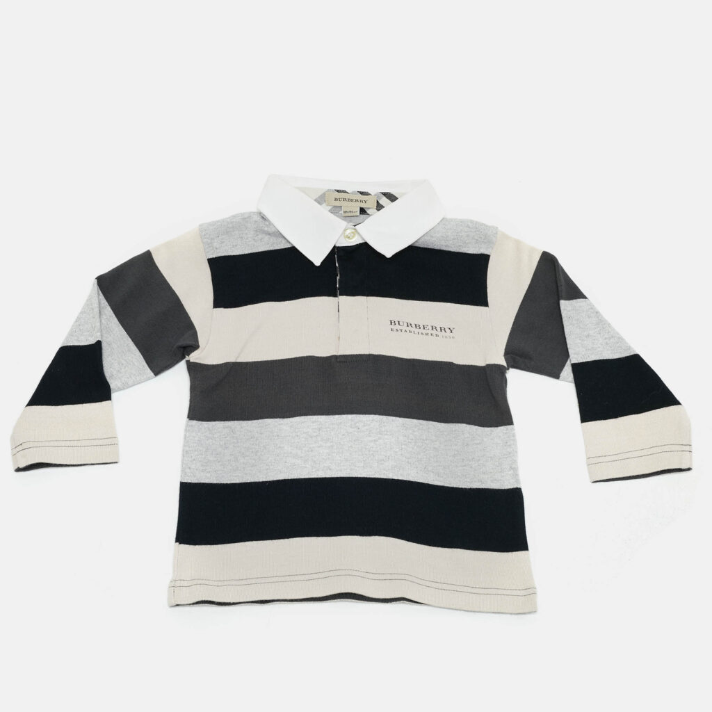 Burberry Kids Beige/Blue Striped Jersey Long Sleeve Polo T-Shirt 18M