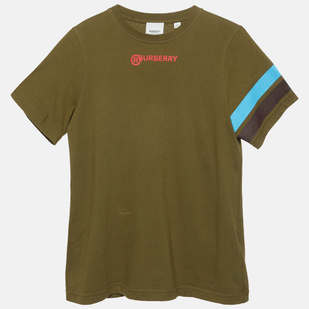 Burberry Olive Green Logo Print Cotton Crew Neck T-Shirt 14 Yrs