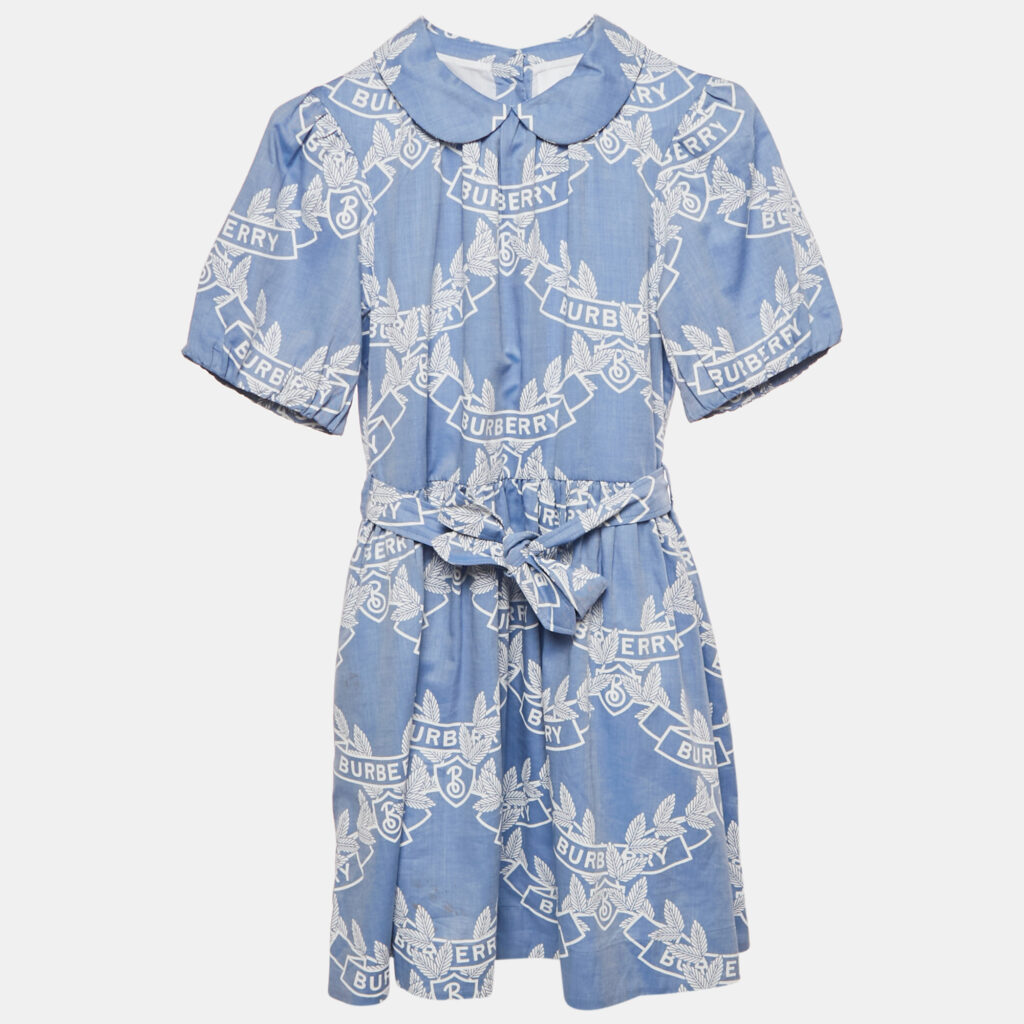 Burberry Kids Blue Printed Cotton Belted Dress 12 Yrs Burberry Kids Blue Printed Cotton Belted Dress 12 Yrs