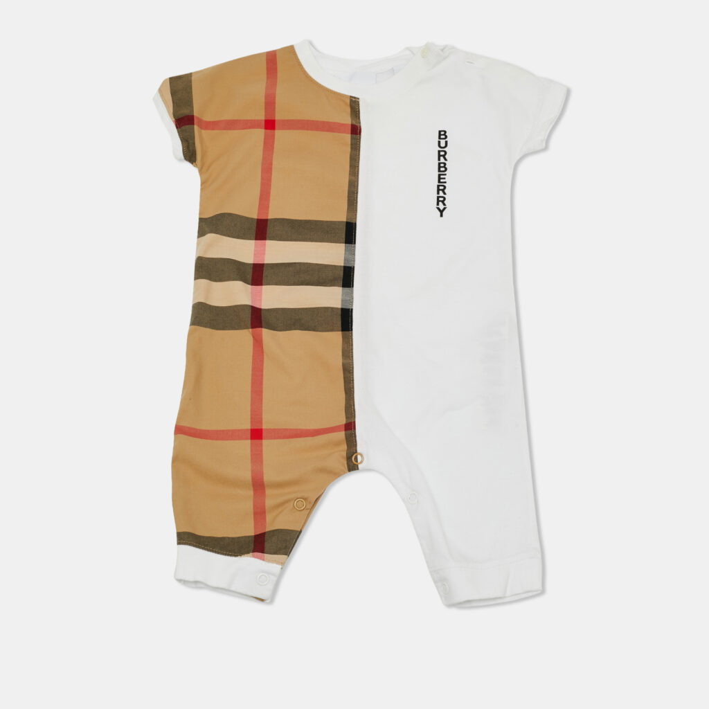 Burberry Kids White/Brown Checks Cotton Romper 6M