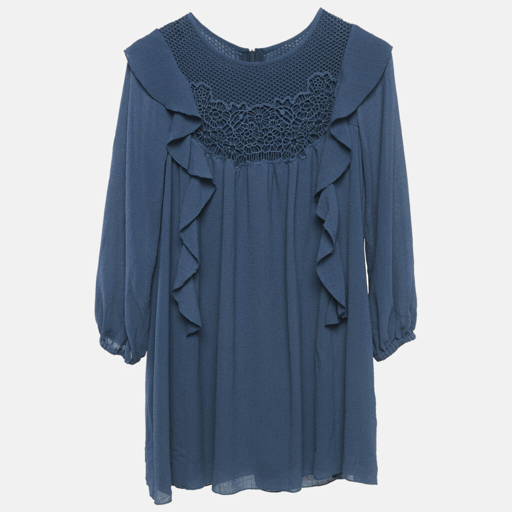 Chloe Blue Crepe Ruffled Lace Overlay Detail Dress 10 Yrs Chloe Blue Crepe Ruffled Lace Overlay Detail Dress 10 Yrs