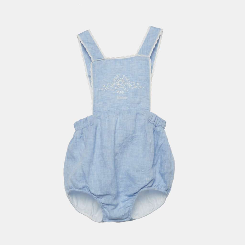 Chloe Kids Blue Embroidered Linen Romper 12M Chloe Kids Blue Embroidered Linen Romper 12M