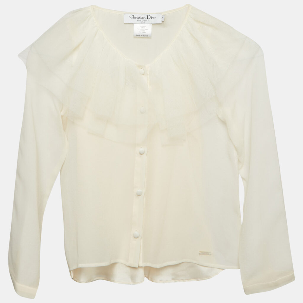 Dior Cream Tulle Ruffle Detail Long Sleeve Silk Blouse 8 Yrs