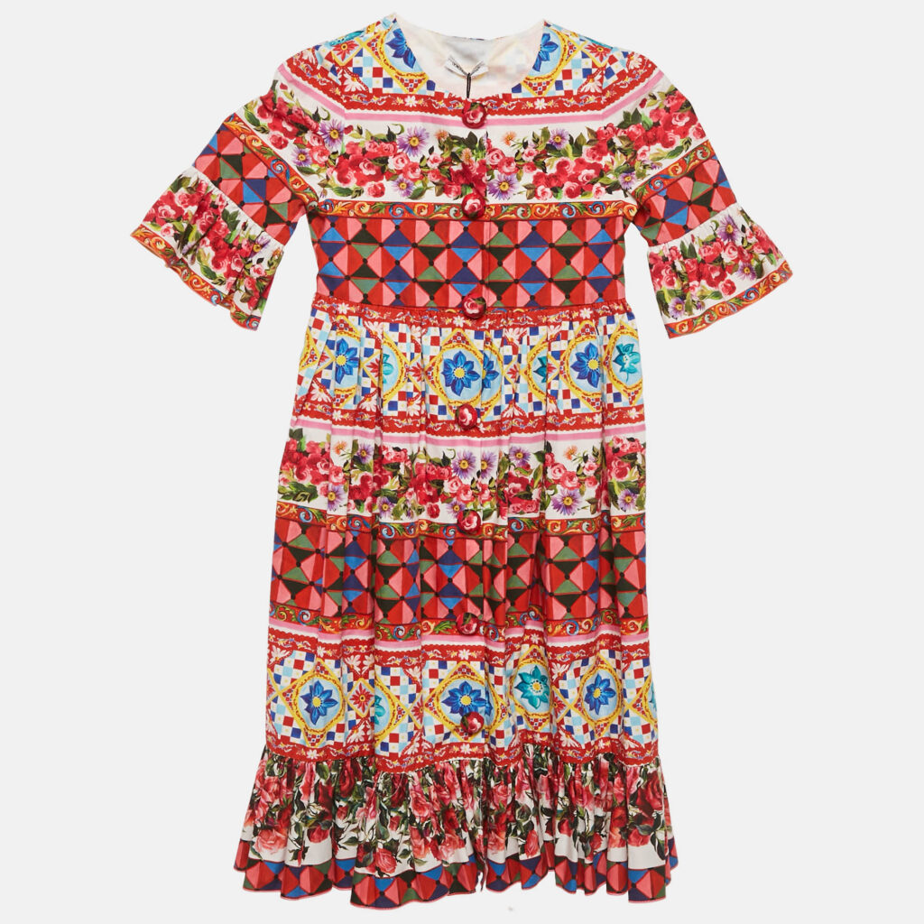 Dolce & Gabbana Multicolor Carretto Con Rose Print Cotton Flouce Dress 4 Yrs