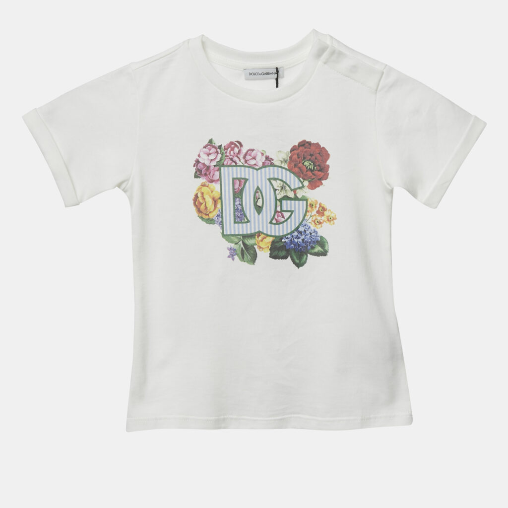 Dolce & Gabbana Kids White Floral Print Cotton Crew Neck T-Shirt 18 - 24 M