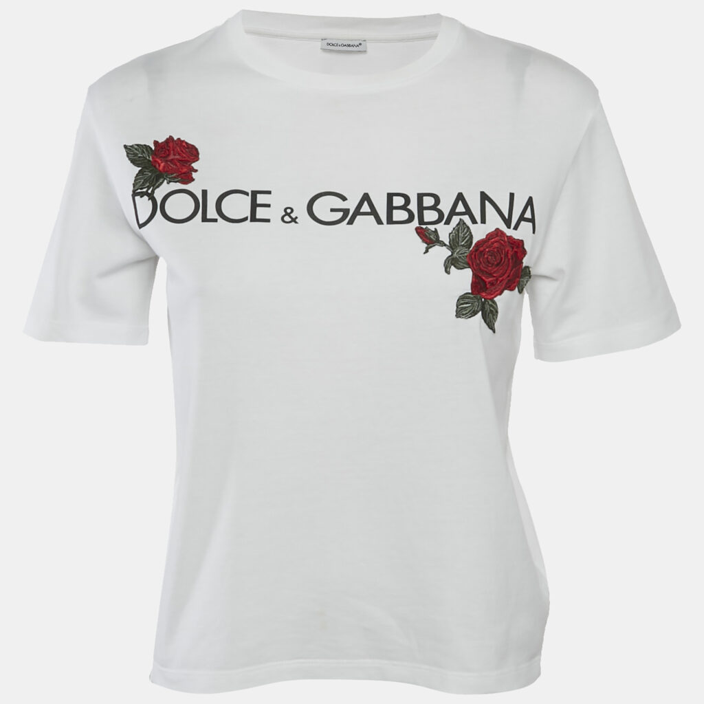 Dolce & Gabbana Kids White Logo Print Cotton Rose Applique Detail T-Shirt 12+ Yrs Dolce & Gabbana Kids White Logo Print Cotton Rose Applique Detail T-Shirt 12+ Yrs
