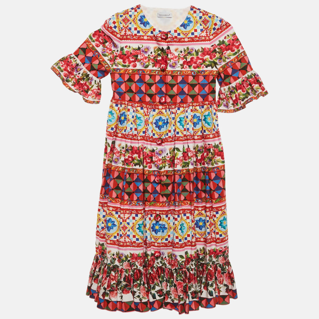 Dolce & Gabbana Multicolor Carretto Con Rose Print Cotton Flouce Dress 6 Yrs