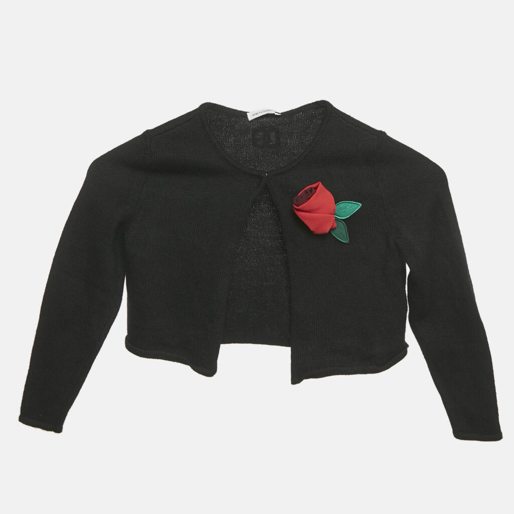 luxury-kids-dolcegabbana-used-girls-p1191182-002.jpg Dolce & Gabbana Kids Black Rose Applique Knit Cardigan 4 Yrs