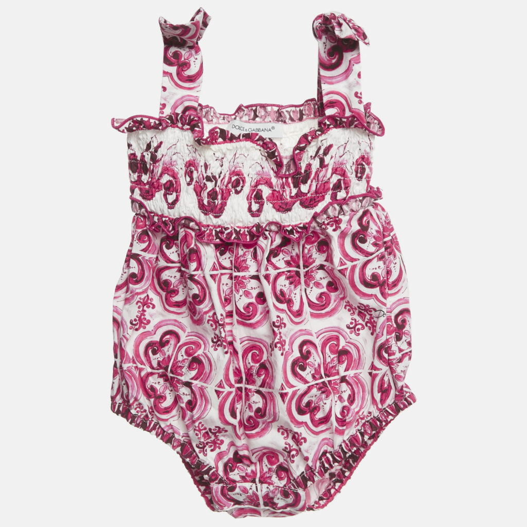 Dolce & Gabbana Kids Pink Majolica Print Cotton Romper 0-3M Dolce & Gabbana Kids Pink Majolica Print Cotton Romper 0-3M