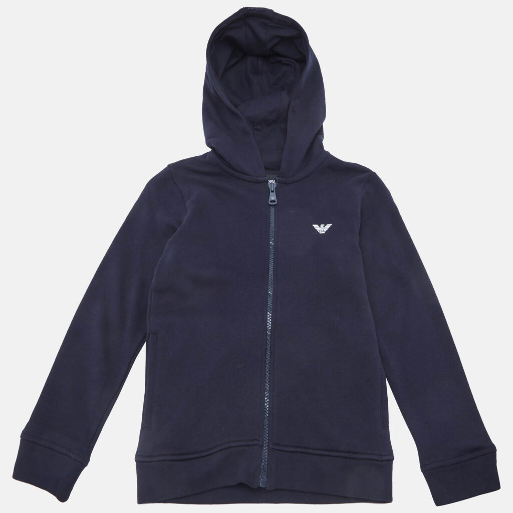 Emporio Armani Kids Navy Blue Logo Trim Cotton Knit Hooded Jacket 8 Yrs