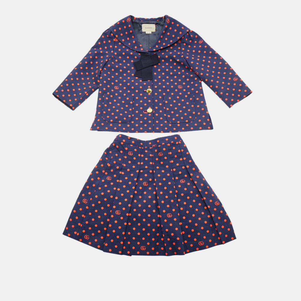 Gucci Kids Navy Blue GG Polka Dot Blazer & Skirt Set 8 Yrs