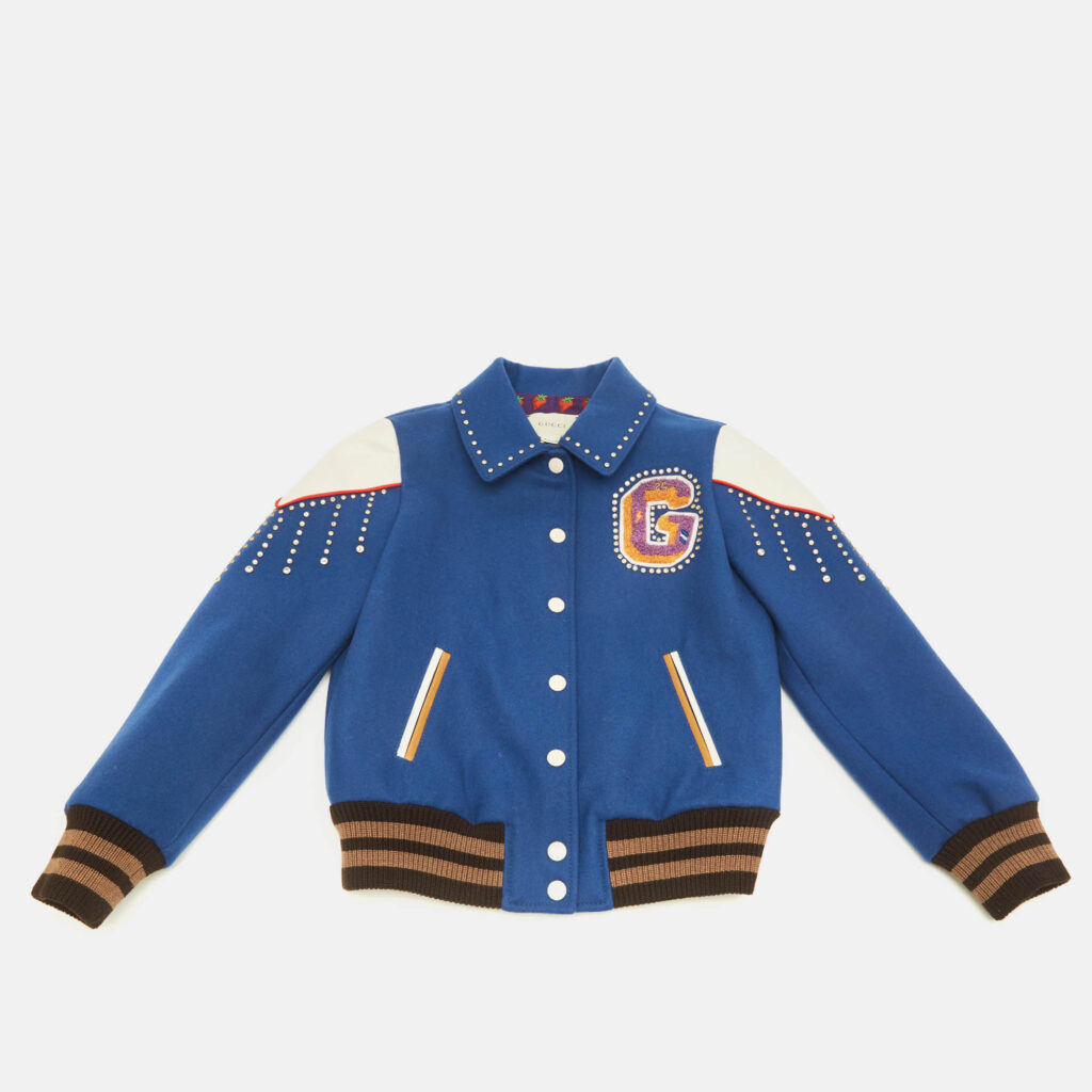 Gucci Kids Blue Embellished Wool Leather Trim Bomber Jacket 10 Yrs Gucci Kids Blue Embellished Wool Leather Trim Bomber Jacket 10 Yrs